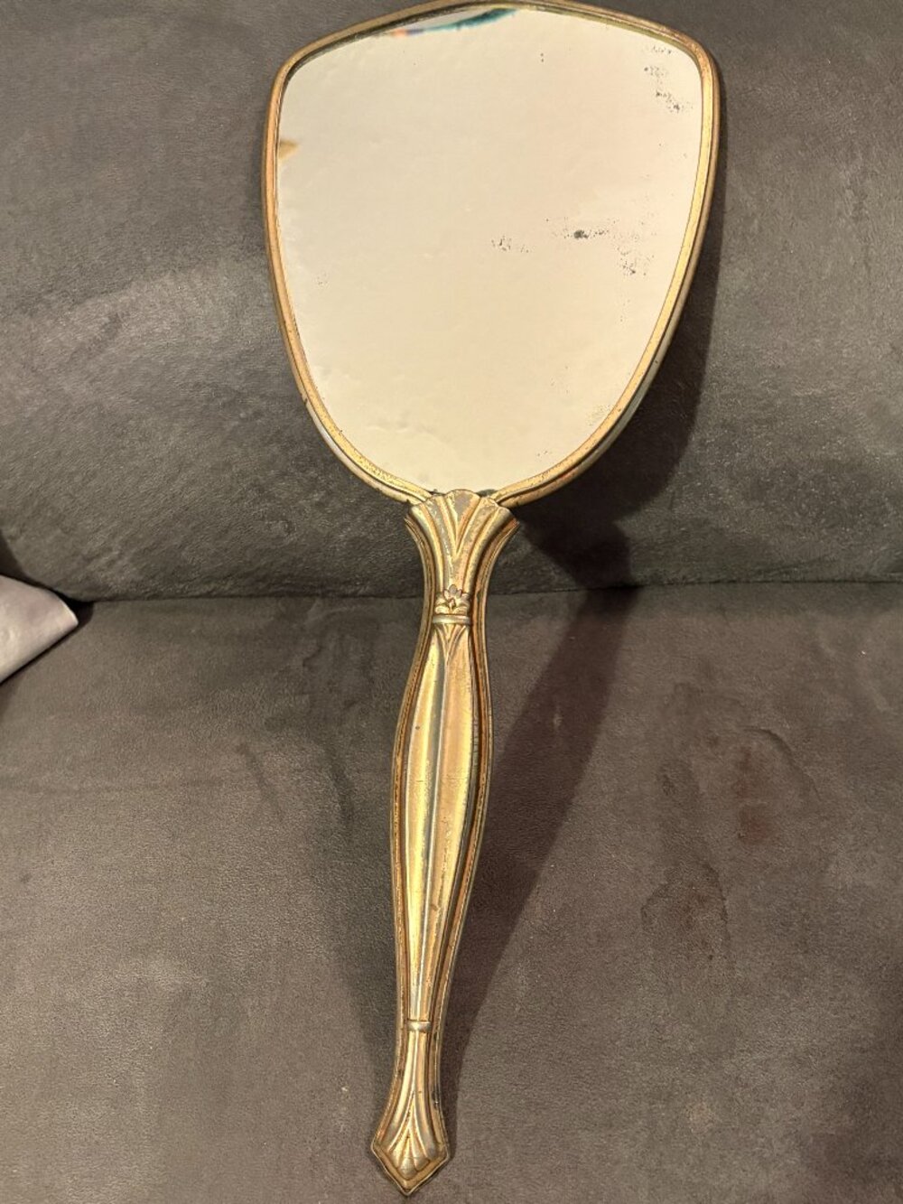 VTG Hand Mirror Gold Tone Frame Floral Back-Mirror 6.25" x 5.25"-13.25"Long-VGUC